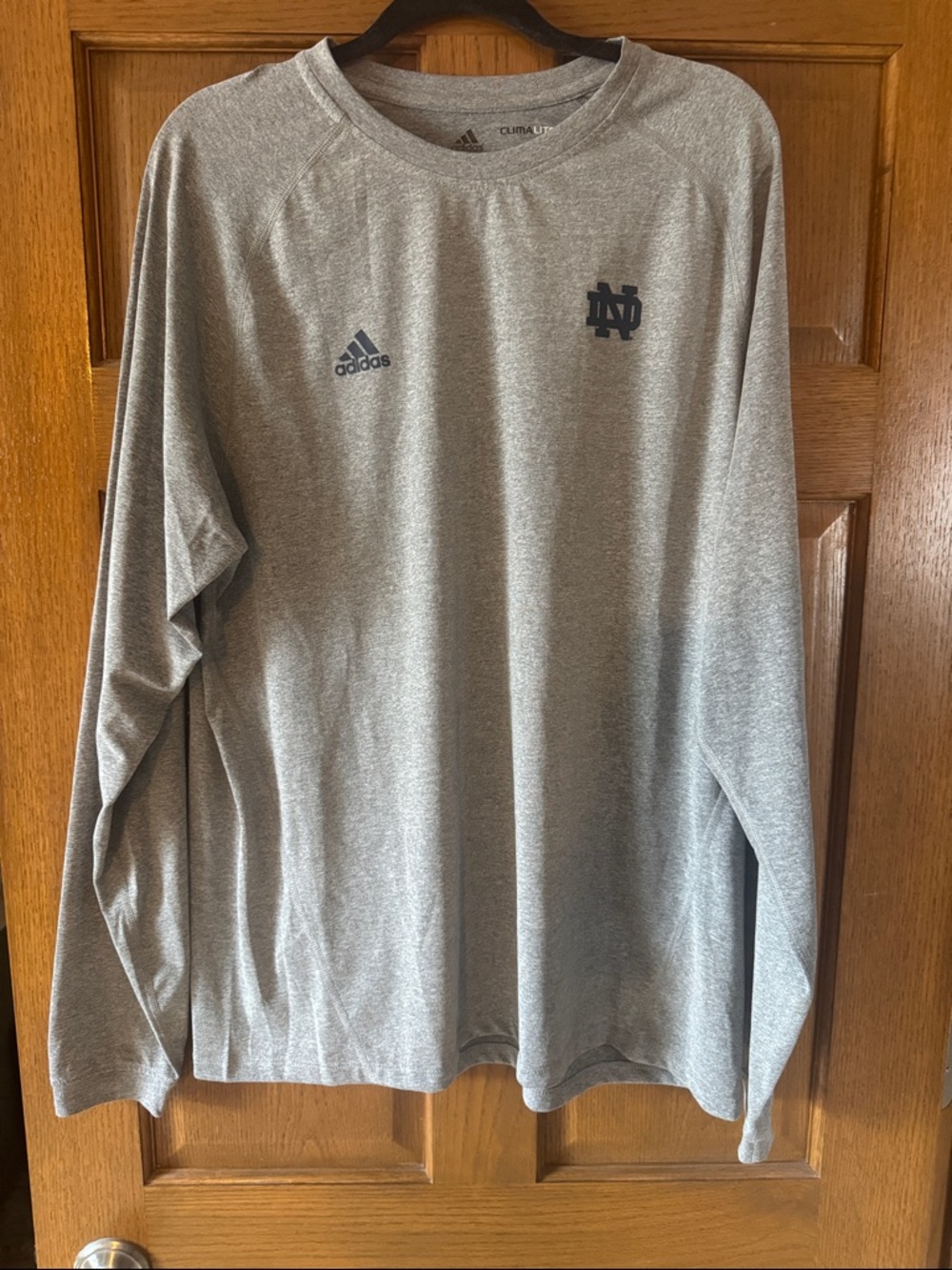 Adidas Gray Long-Sleeve Climalite Athletic Tee with Notre Dame Logo